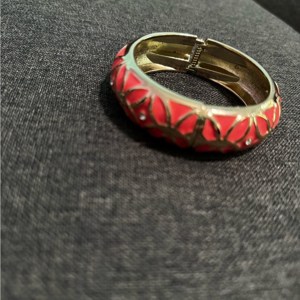 Gold and Coral Enamel Bracelet Costume Jewelry - Picture 3 of 5